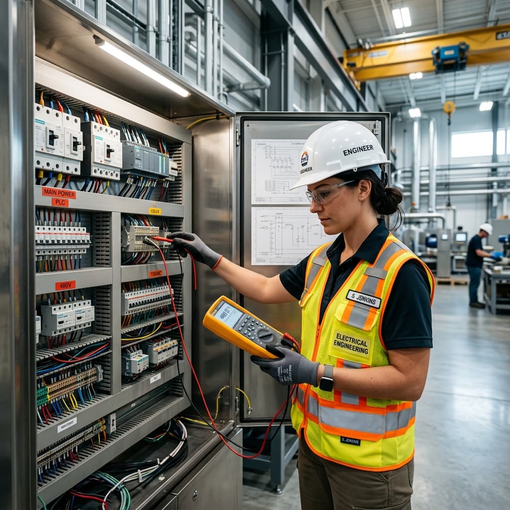Professional electrical engineer conducting inspections